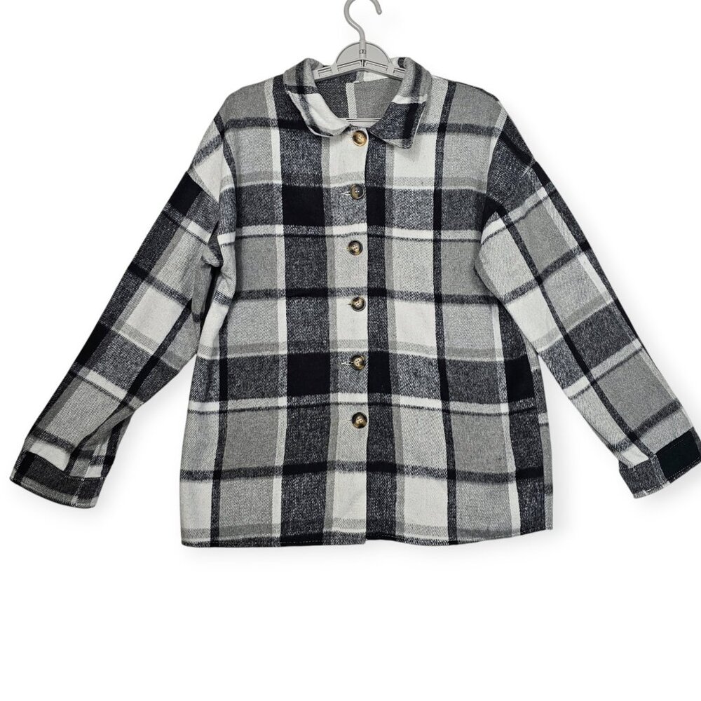 Flannel Shacket Size S Womens Black & Gray Oversized Jacket Button Closure